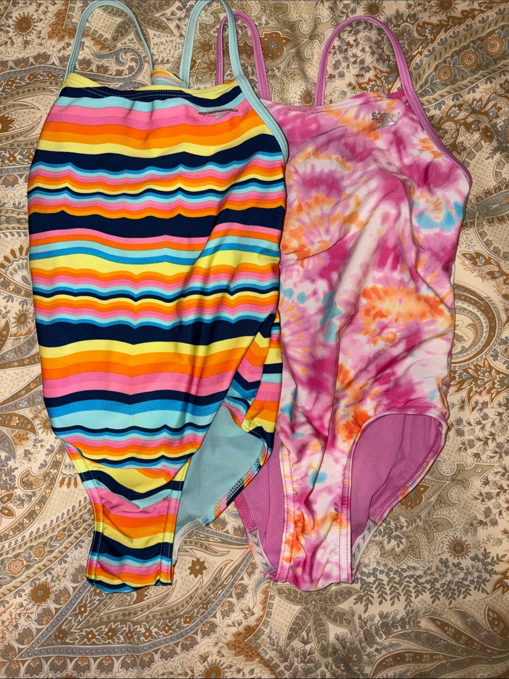 Speedo Kids One-Piece Swimsuits- Striped Rainbow & Tie-Dye Pink
